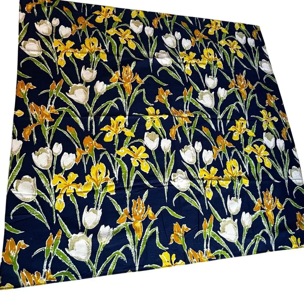 Hand Sewn Fabric Tablecloth navy blue yellow white flowers irises tulips square